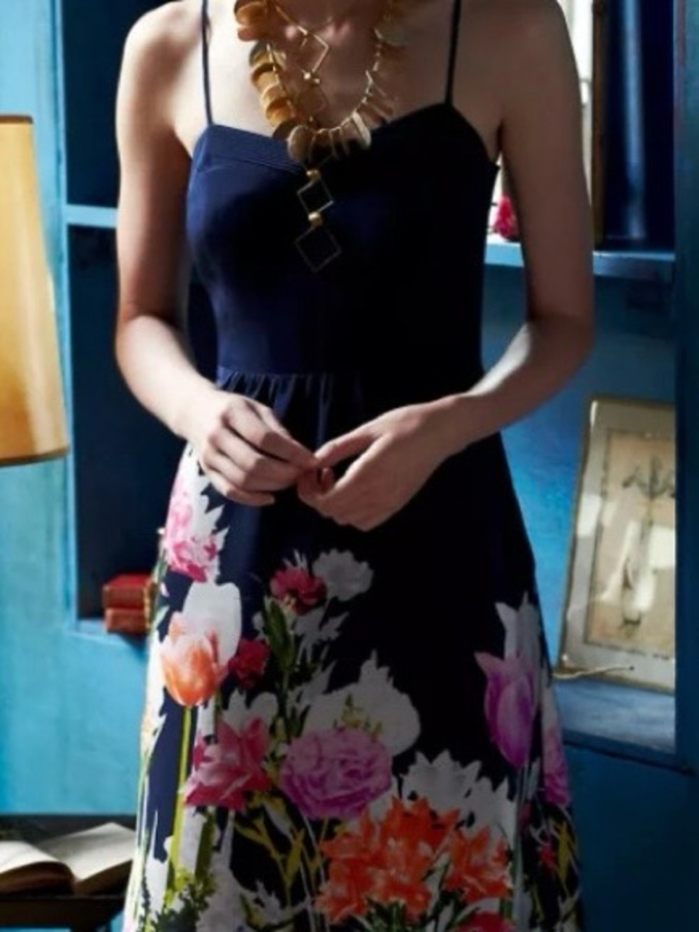 Moulinette Soeurs (Anthropologie) Navy Spaghetti-Strap Midi Dress with Floral he